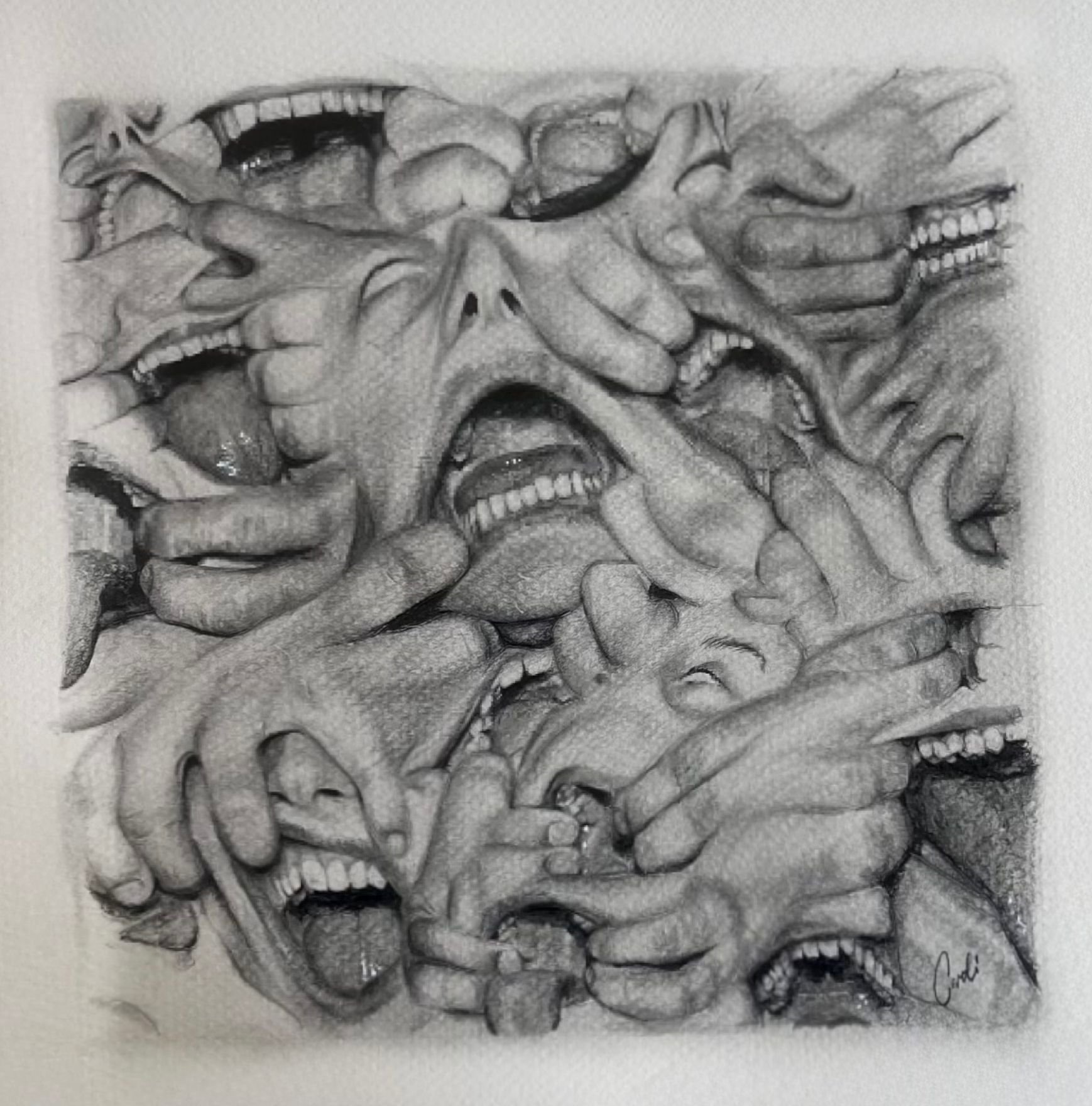 Charcoal drawing of overlapping screaming faces and grasping hands