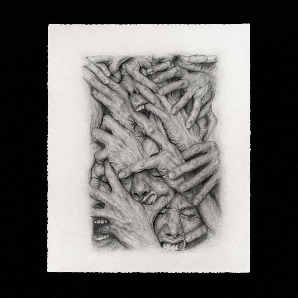 Pencil drawing of five screaming faces emerging from smoke