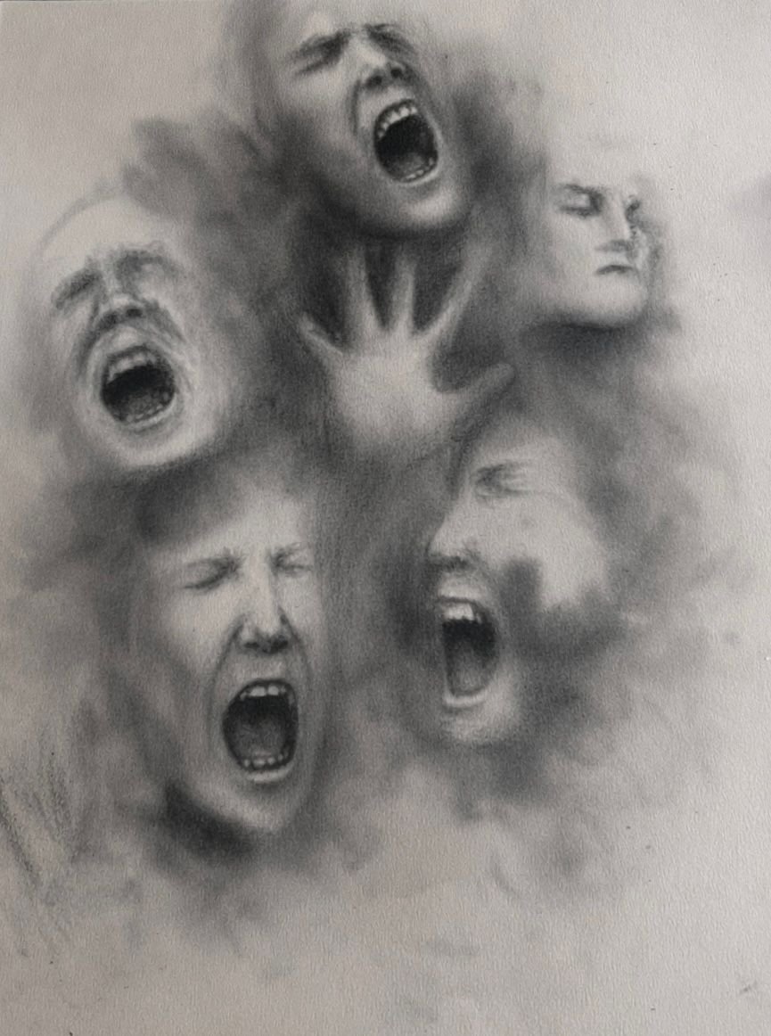Pencil drawing of hands covering and pulling at faces